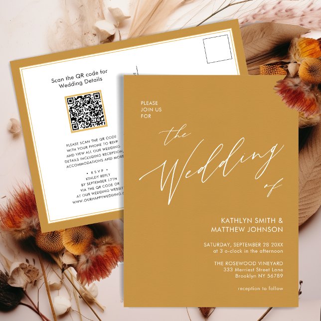 Invitation Carte Postale Honey Gold QR Code Tout en un Mariage moderne (Créateur téléchargé)