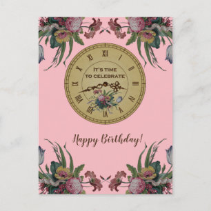 Invitation Carte Postale Horloge vintage aux fleurs Fête d'anniversaire
