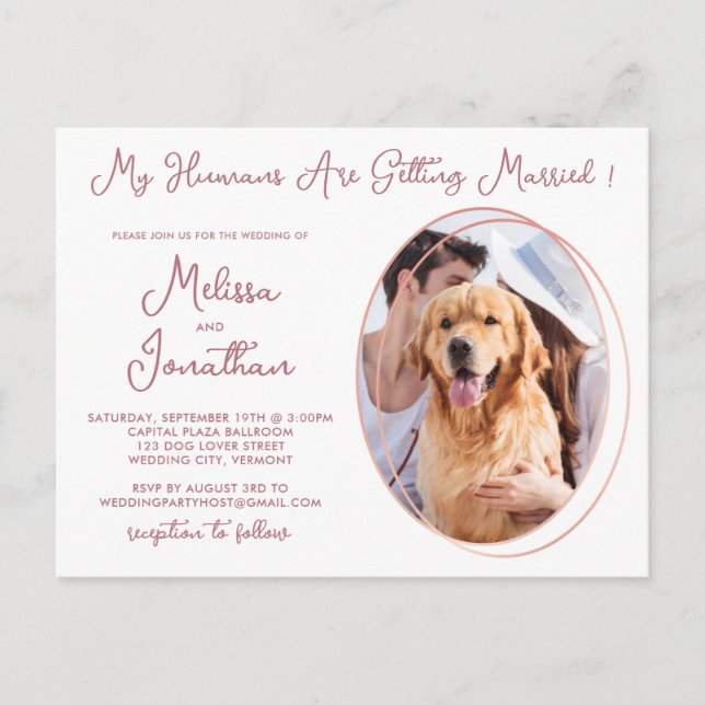 Invitation Carte Postale Humains Se Marier Animal Rose Photo Mariage Or (Devant)