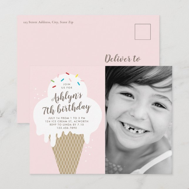 Invitation Carte Postale Ice Cream Cone Photo Party Anniversaire de enfant (Devant / Derrière)
