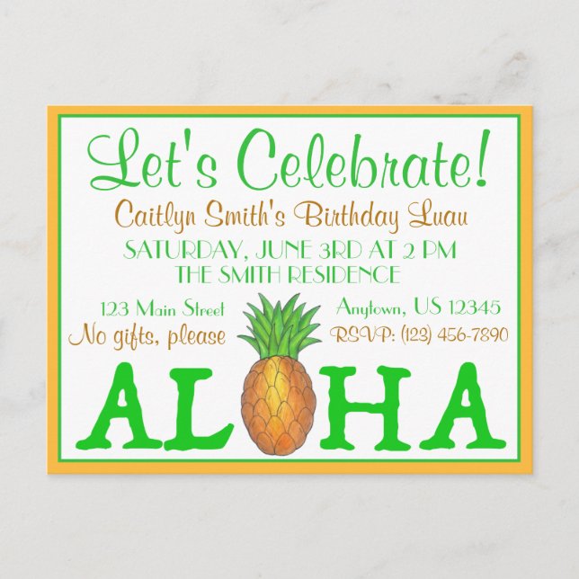 Invitation Carte Postale Île tropicale Luau Pineapple Hawaii Aloha Party (Devant)