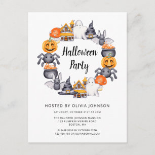 Invitation Carte Postale Illustration de fête d'Halloween heureuse blanche
