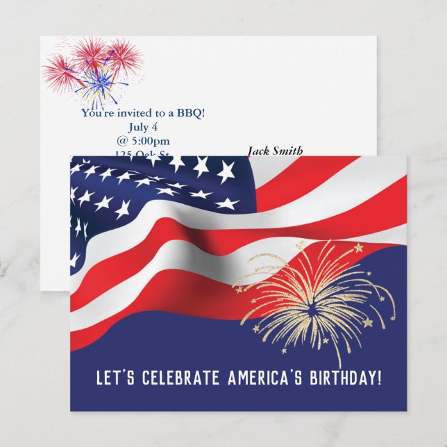 Invitation Carte Postale Indicateur 4 juillet parti BBQ (Devant / Derrière)