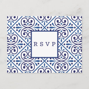 Invitation Carte Postale Indigo en tuile espagnole Mariage de marine RSVP R
