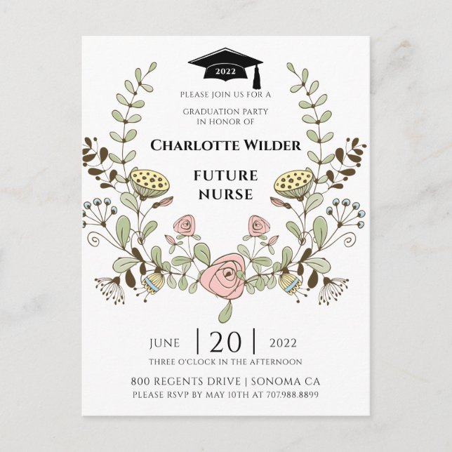 Invitation Carte Postale Infirmière diplômée 2022 Floral Laurel (Devant)