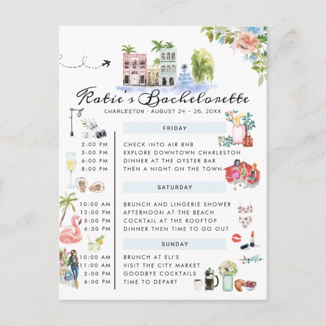 Invitation Carte Postale Itinéraire du week-end de bachelorette | Charlesto (Devant)
