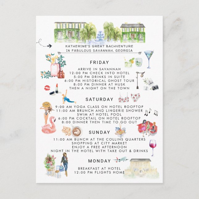 Invitation Carte Postale Itinéraire du week-end de bachelorette | Savannah, (Devant)