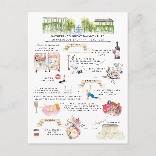 Invitation Carte Postale Itinéraire du week-end de bachelorette | Savannah, (Devant)