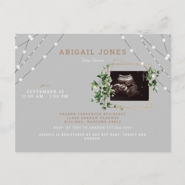 Invitation Carte Postale Ivy & Lights Ultrasound Photo Baby shower gris Inv (Devant)