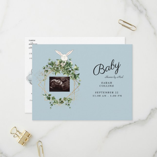 Invitation Carte Postale Ivy Ultrasound Photo Boy Baby shower Bunny Virtual (Devant/Arrière en situation)