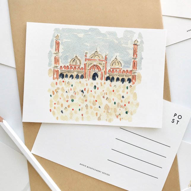 Invitation Carte Postale Jama Masjid Delhi Inde Musulmane Aquarelle Voyage (Jama Masjid Delhi India Muslim wwatercolor travel postcard.)