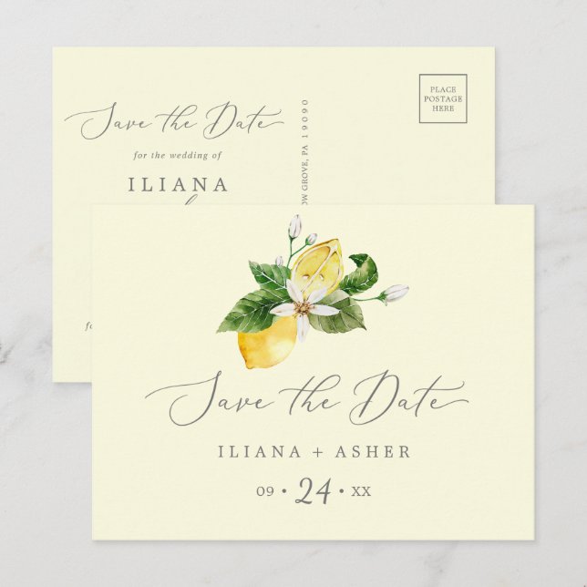 Invitation Carte Postale Jardin de citron moderne Jaune Enregistrer la date (Devant / Derrière)
