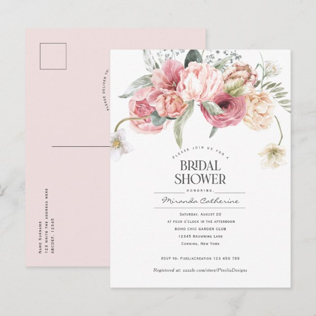 Invitation Carte Postale Jardin fleuri de style bohème moderne douche nupti (Devant / Derrière)
