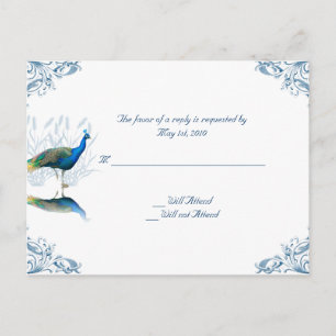 Invitation Carte Postale Jardin Peacock en bleu et blanc