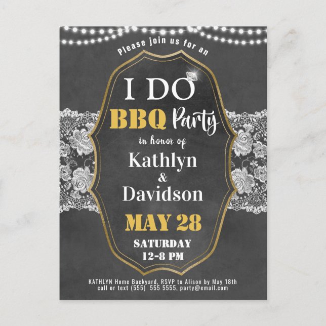 Invitation Carte Postale JE FAIS Fiançailles Élégant Lace Chalkboard BBQ Pa (Devant)
