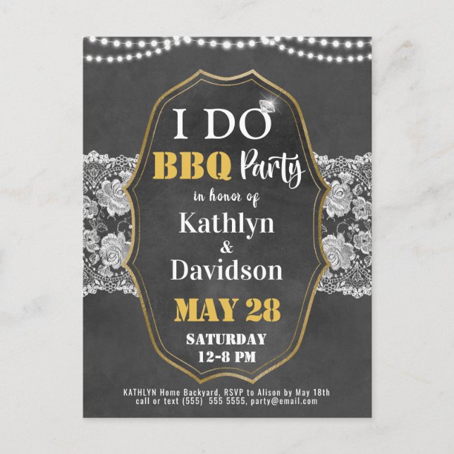 Invitation Carte Postale JE FAIS Fiançailles Élégant Lace Chalkboard BBQ Pa (Devant)