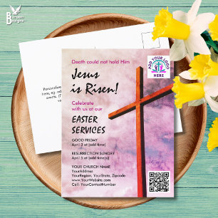 Invitation Carte Postale JÉSUS EST RESSUSCITÉ Logo Code QR Culte de l'églis