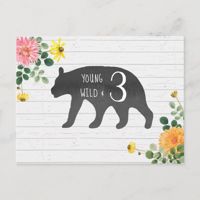 Invitation Carte Postale Jeune sauvage et trois ours Fleur sauvage Annivers (Devant)