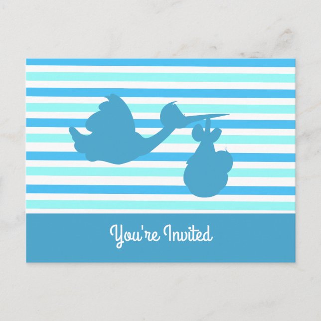 Invitation Carte Postale Joli Baby shower Bleu Striped Garçon avec Stork (Devant)