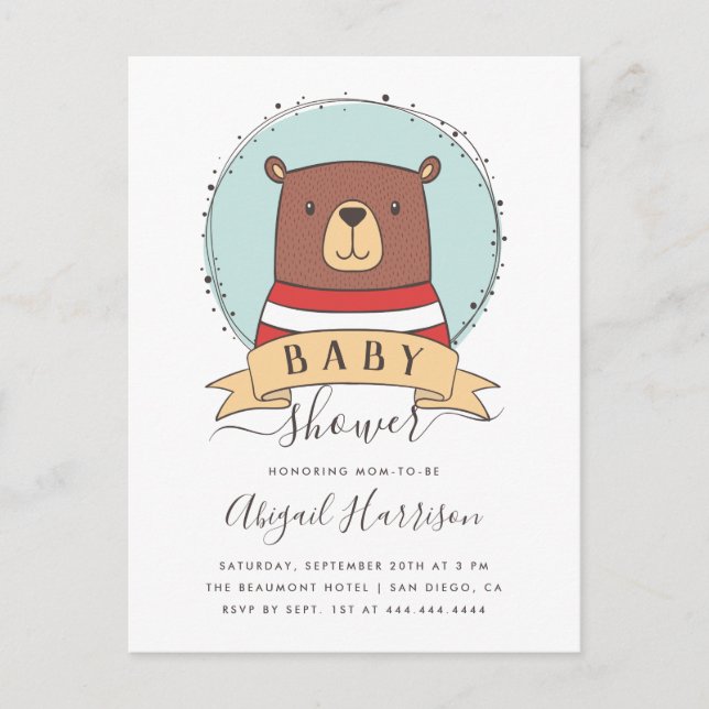 Invitation Carte Postale Joli Baby shower Bois Ours Bois (Devant)
