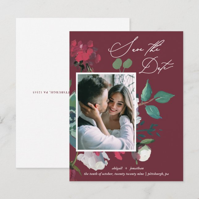 Invitation Carte Postale Joli Floral Aquarelle Fleurs Bourgogne Mariage (Devant / Derrière)