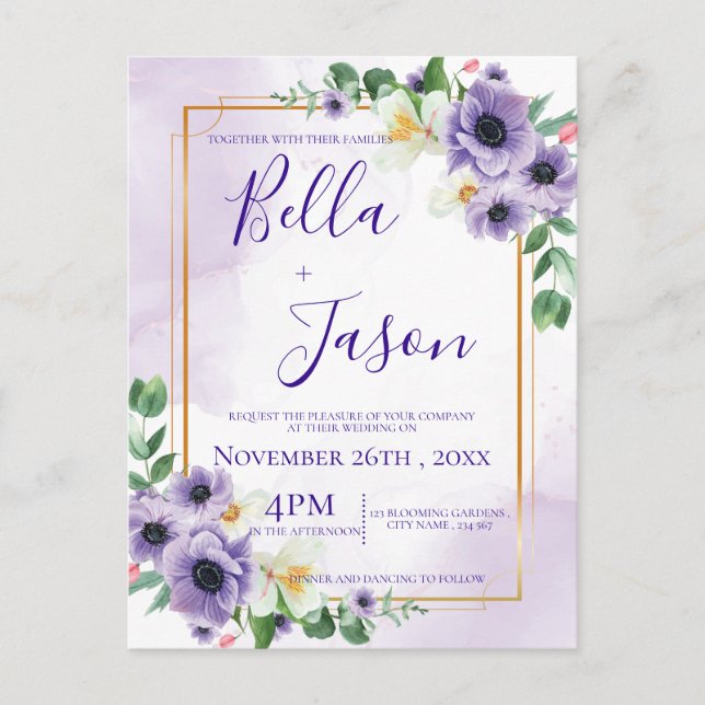 Invitation Carte Postale Joli mignon violet blanc Floral Gold Frame Mariage (Devant)