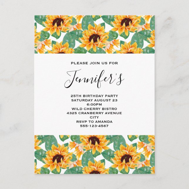 Invitation Carte Postale Joli Motif de tournesol Jaune & Vert Anniversaire (Devant)