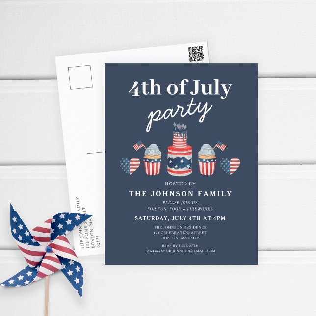 Invitation Carte Postale Jolie 4 juillet Rouge Blanc Et Bleu (Patriotic Red White & Blue 4th Of July Party Invitation Postcard)