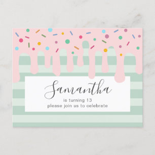Invitation Carte Postale Jolie fête d'anniversaire avec Drip Rose et paille