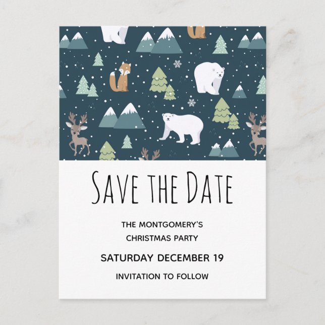 Invitation Carte Postale Jolie Noël Animaux d'hiver Économisez la date (Devant)