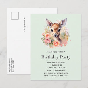 Invitation Carte Postale Jote Cerf Entouré D'Anniversaire Rose