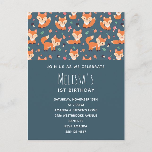 Invitation Carte Postale Jote Orange Fox Motif Anniversaire (Devant)