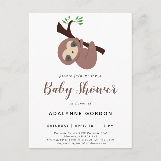 Invitation Carte Postale Jote Sloth Baby shower garçon adorable Animal Invi (Devant)
