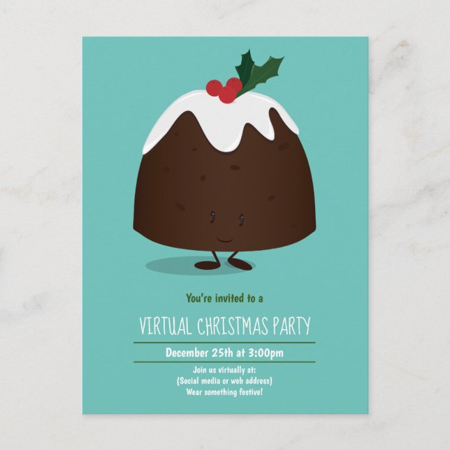 Invitation Carte Postale Jour de Noël virtuel Pudding Turquoise dessin blan (Devant)