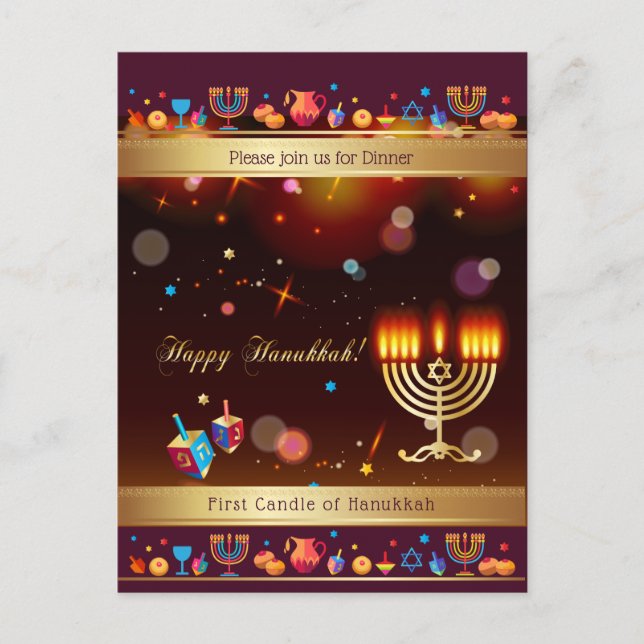 Invitation Carte Postale Joyeuse fête de Hanoucca Or Hanukkiah (Devant)