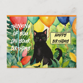 Invitation Carte Postale Joyeux anniversaire : chat noir qui ouvre une fête