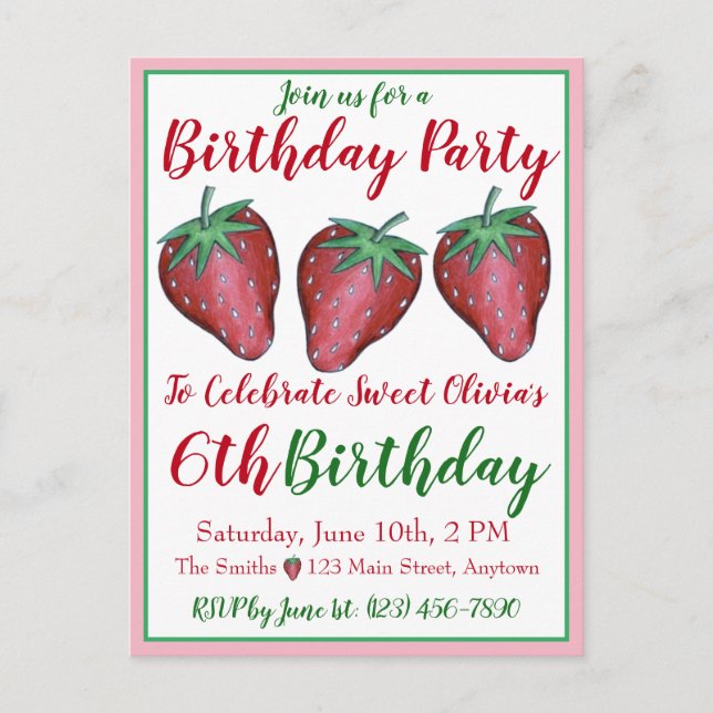 Invitation Carte Postale Joyeux Anniversaire Rose Red Sweet Fraise Berries (Devant)