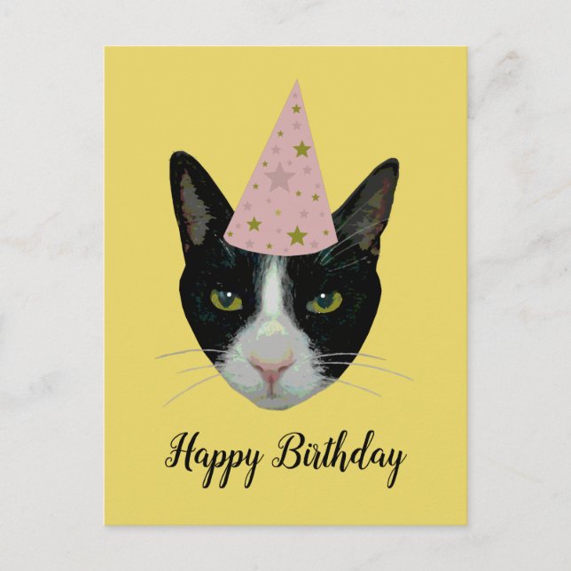Invitation Carte Postale Joyeux anniversaire - Tuxedo Chat avec Casquette d (Devant)