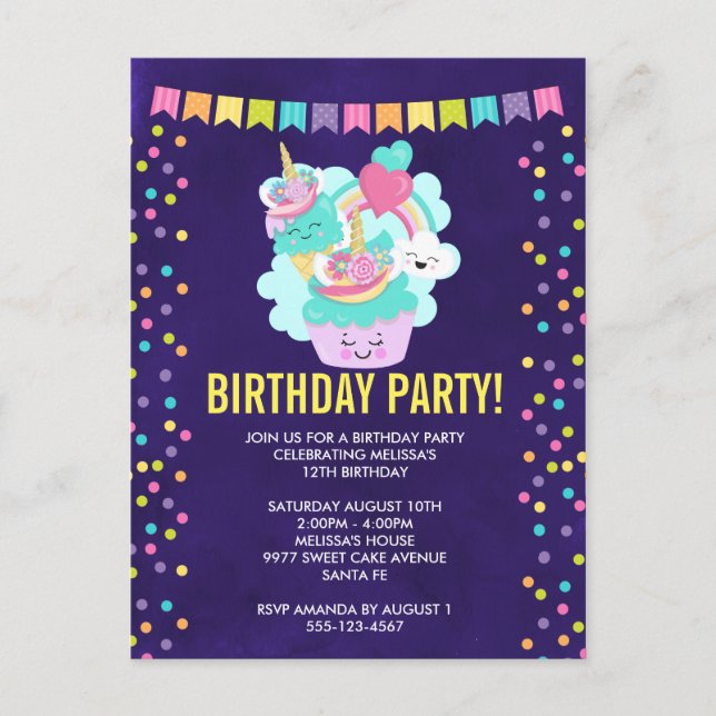 Invitation Carte Postale Joyeux Cupcake et crème glacée fête d'anniversaire (Devant)