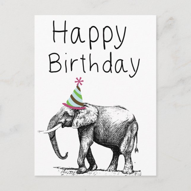 Invitation Carte Postale Joyeux Éléphant D'Anniversaire En Casquette, Céléb (Devant)