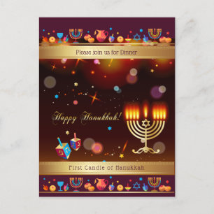 Invitation Carte Postale Joyeux Hanoukka Party Gold Hanukkiah