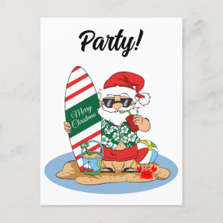 Invitation Carte Postale Joyeux Noël Père Noël sur la plage de Surf d'été