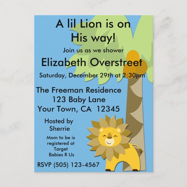 Invitation Carte Postale Jungle King Lion Baby shower Blue Sky Zoo Safari (Devant)