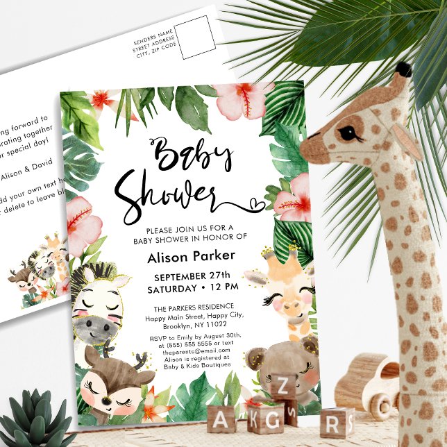 Invitation Carte Postale Jungle Safari Tropical Floral Baby shower de verdu (Créateur téléchargé)