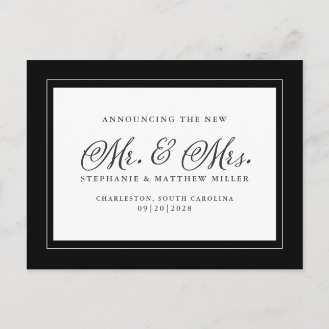 Invitation Carte Postale Juste Marié Elopement noir blanc chic élégant (Devant)
