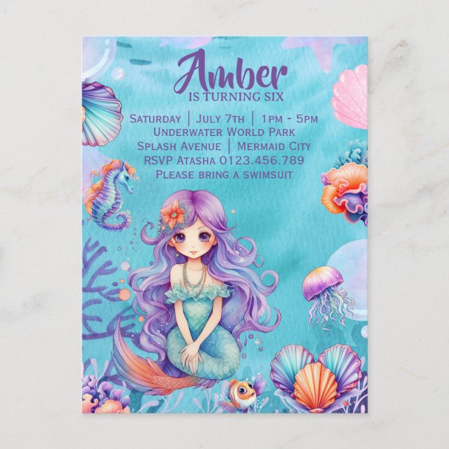 Invitation Carte Postale Kawaii Mermaid (Devant)