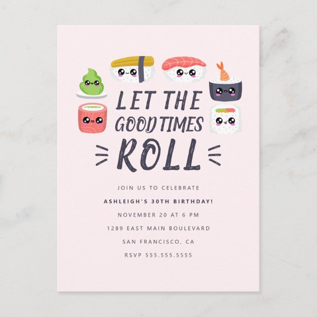 Invitation Carte Postale Kawaii Sushi Rolls fête d'anniversaire (Devant)