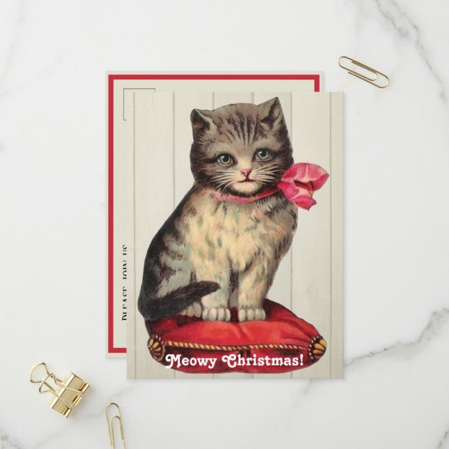 Invitation Carte Postale Kitten de Noël assis avec un cou rouge (Devant/Arrière en situation)