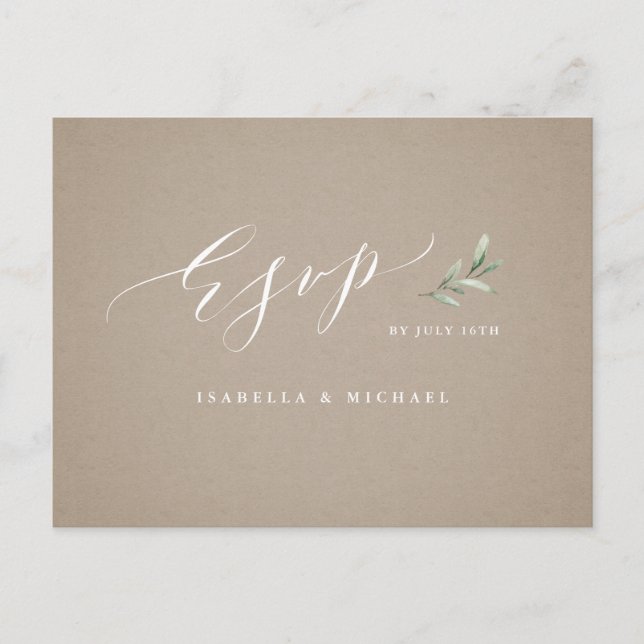 Invitation Carte Postale Kraft calligraphie rustique mariage vert RSVP (Devant)
