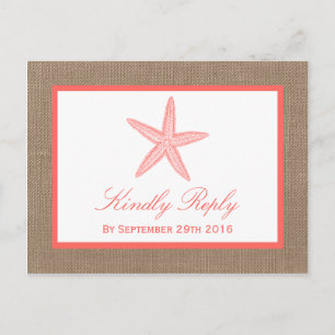 Invitation Carte Postale La collection de mariages de Coral Starfish Burlap